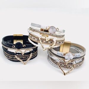 Multi-Layer Heart Charm Bangle Bracelets